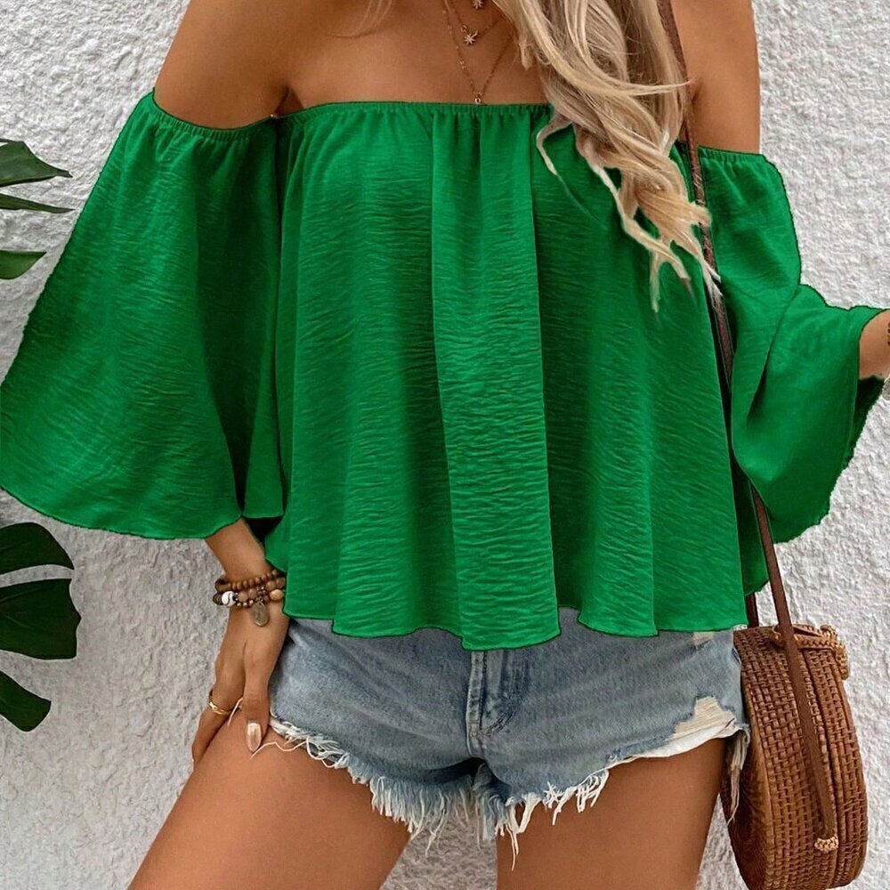 Green Casual Women's Summer Elegant Off Shoulder Blouse - Picture 3 of 7